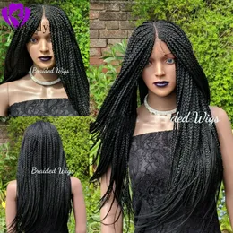 Middle Part Black Box Braids Paryker med Baby Hair Full Density Brazilian Full Lace Front Wig Glueless Syntetiska flätade peruker för svarta kvinnor