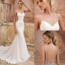 로맨틱 인어 웨딩 드레스 V 넥 민소매 백리스 바닥 긴 새틴 웨딩 드레스 신부 가운 Vestidos de Novia BC3058
