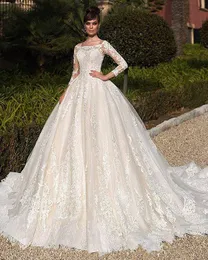 Princess Dresses Vintage Long Sleeve Bateau Sheer Neck Tulle Lace Applique Bridal Gowns Plus Size Ball Gown Wedding Dress