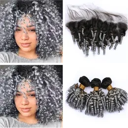 #1B/Grey Ombre Virgin Brazilian Aunty Funmi Human Hair 3Bundles with Frontal Curly Silver Grey Ombre 13x4 Lace Frontal Closure with Weaves