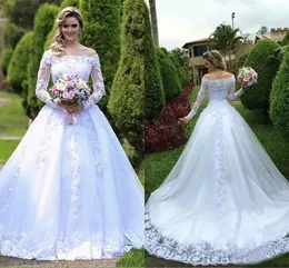 New Arabic Vintage Cheap A Line Wedding Dresses Off the Shoulder Appliques Lace Beaded Long Sleeves Sweep Train Illusion Formal Bridal Gowns