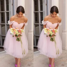 2019 Cheap High Quality Country Bridesmaid Dress Blush Pink Ruched Tulle Off the Shoulder Tea Length Maid of Honor Gowns Beach Wedding