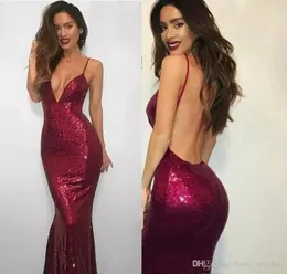 2019 Burgundy Sexig Deep V Neck Prom Dress Mermaid Sequined Formal Holidays Wear Graduation Evening Party Pageant Gown Custom Made Plus Size