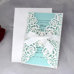 2020 Rose Shimmer Laser Cut Pocket Invitations Cards with Ribbon and Envelope for Wedding Bridal Shower Graduation Quinceanera Invites