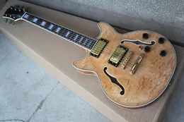 Factory Custom Semi-Hollow Natural Wood Color Gitara Elektryczna z Resewood Fretboard, Flenir Maple płomień, Gold Hardware, można dostosować