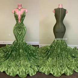 Green Sexy Olive Mermaid African Prom Dresses Sequined Black Girls Evening Dress Party Wear Formal Gowns