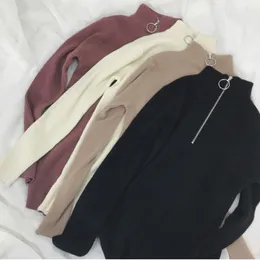 Koreansk stickad Turtleneck tröja Kvinnor 2019 Autumn Winter Zipper Up Solid Color Slim Stickovers Big Size Pull Femme T200101
