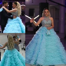 custom made quinceanera dresses jewel neck beaded crystals formal evening gowns with cascading ruffles sweet 16 dress