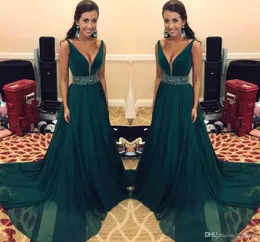 South African New Sexy Hunter Green Chiffon Evening Deep V Neck Beads Court Train Formal Party Gowns Prom Dresses Custom Made