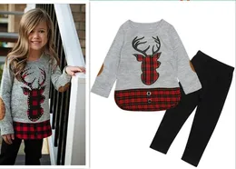 Christmas Elk Lattice Outfits Baby Girls Plaid Deer Top + Pants 2pcs / set Primavera Autunno Bambini Suit Bambini Regalo di Natale 90-130cm