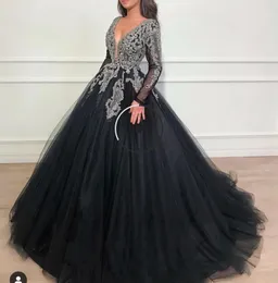 Ny ankomst Sexig V Neck Black Muslim Prom Klänningar 2020 Full ärm Hand Beading Sequin Crystal Ball Gown Tulle Aftonklänningar Dubai Kaftan