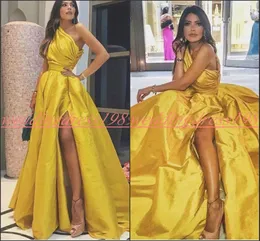 Modest alta dividir vestidos de noite de ouro plissado de um ombro a linha cetim partido plus size vestidos formais ocasião especial bola robe de soirée