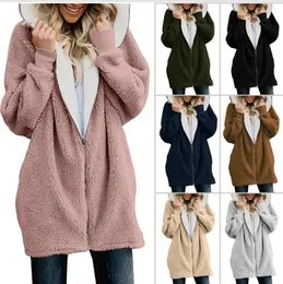 Women Long Sherpa Hoodies Jacket Cardigan Zipper Hooded Coat Outwear Winter Slim Fleece Sweatshirt Fashion Casual Jumper Pullover YL915