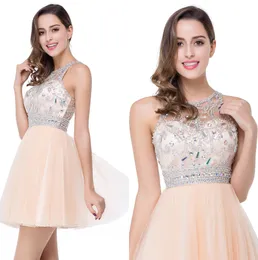 In Stock Keyhole A Line Homecoming Dresses Major Bead Crystals Top Backless Short Prom Gowns Tulle Graduation Cocktail Dress CPS171