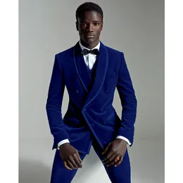 High Quality Double Breasted Blue Velvet Wedding Groom Tuxedos Shawl Lapel Groomsmen Men Suits Prom Blazer (Jacket+Pants+Vest+Tie) W80