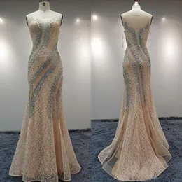 Gorgeous Mermaid Lace Evening Dresses Sheer Jewel Neck Sleeveless Pearls Colorful Crystals Embellished Long Prom Party Gowns Sleeveless
