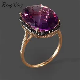 Rongxing duży owalny fioletowy kryształ cyrkon pierścienie dla kobiet vintage moda róża złoty wypełniony czarny kamień pierścionek zaręczynowy matka prezent
