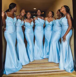 Light Sky Blue Mermaid Bridesmaid Dresses Spaghetti Straps Beaded Wedding Guest Dress Floor Length Satin Appliqued Maid Of Honor Gowns