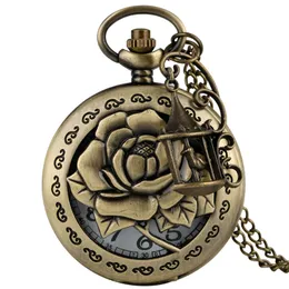 Steampunk Dam Brons Kvarts Fickklocka Antik ihålig 3D Flower Case Halsband Tröja Kedja Klocka Gift reloj de bolsillo