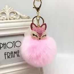 Hot New 19 Kolor Cute Bling Rhinestone Fox Real Rabbit Fur Ball Fluffy Brelok Breloczek Key Chain Pierścień WCW185