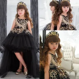 New Cute Black Pageant Jewel Neck Gold Sequined Lace Hi Lo Length Backless Tulle Sleeveless Kids Wedding Flower Girls Dresses