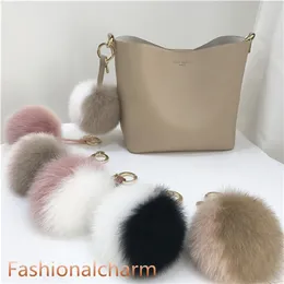 13cm/5" Bicolor Real Fox Fur Ball Pompom Handbag Keychain Pendant Keyring Tassels