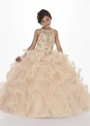 Champagne Girls Pageant Dresses Floor Length Tulle Ball Gown with Sheer Halter Neckline Beaded Lace-up Ruffled Skirt Puffy Flower Girl Dress