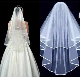 Setwell White Ivory Two-Layer Satin Ribbon Veil Edge Short Tulle Bröllopsklänning Med Kam För Kvinnor