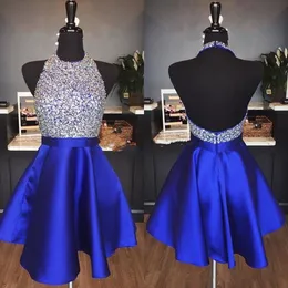 로얄 블루 새틴 라인 짧은 동성애 드레스 저렴한 파란색 돌 탑 백스 무릎 길이 공식 파티 댄스 파티 칵테일 드레스