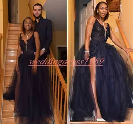 Vacker Split Lace African Prom Dresses Juniors Tulle Straps Pageant Robe de Soiree Evening Gowns Celebrity Special Occasion