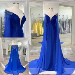 Miss Mrs Lady Pageant Dress 2023 Royal Blue Velvet Elegant Red Carpet Couture Gowns with Chiffon Cape Bead-work Shoulder Off the Shoulder