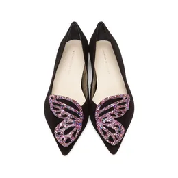 Frete grátis moda 2019 senhoras de camurça de pele de carneiro sapatos de salto baixo lantejoulas Glitter ornamentos borboleta Sophia Webster preto SHOE34-42