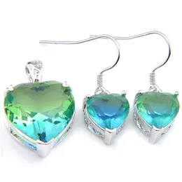 Kvinnor 2 datorer Set Heart Cut Bi Colored Tourmaline Gems 925 Sterling Silver Plated Crystal Zircon Solid Bride Dangle Earring Pendants smycken