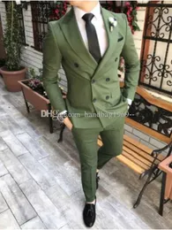 Classic Style Double-Breasted Olive Green Groom Tuxedos Peak Lapel Groomsmen Mens Suits Wedding/Prom/Dinner Blazer (Jacket+Pants+Tie) K456