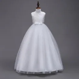 Abiti da ragazza di fiore in tulle con collo gioiello con fiocco per matrimonio 2019 Lunghezza pavimento Abiti da principessa per bambini Nuovo vestito da comunione258M