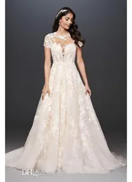 Oleg Cassini Plus Size Wedding Dresses Short Sleeve Jewel Neck Princess Garden Country Wedding Dress Bridal Gown174l