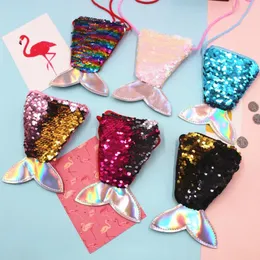 Barnkläder Tjejer Love Mermaid Sequins Zipper Mynt Plånbok Med Lanyard Vacker Fisk Shape Tail Sling Money Card Purse Pouch Bag Mini Purse