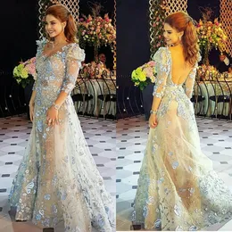 Luxury Arabic Evening Dresses Sheer Jewel Neck Tulle Lace Appliqued Mermaid Prom Gowns 2020 Sweep Train Long Sleeves Formal Dress
