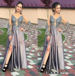 Grå A-Line Prom Klänningar med Lace Applique Sequined Sheer Långärmad Sexig Split Evening Dress Cover Buttom Robe de Soiree Party Gowns