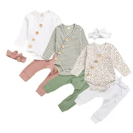 Conjuntos de roupas de bebê Girls Striped Macacões Calças Headband Suits Kids Botão Ponto Jumpsuit Calças Bowknot Cabelo De Cabelo Conjuntos 3 Pçs / Set Outfits AYP620