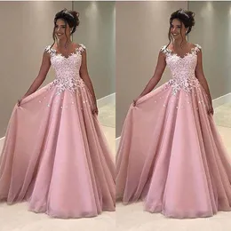2020 Vintage linia Różowy Prom Dresses Koronki Aplikacja Cap Sheer Powrót Suknie Wieczorowe Formalne Party Suknie Tanie Długie sukienki