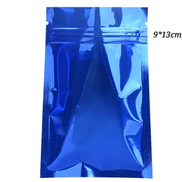 Blå 9 * 13cm (3.54 * 5.11inch) Återförslutbar Zip Lock Mylar Packaging Bag Heat Seal Zipper Tätningspåsar Glänsande Torra Mat Kvalitet Pack Pouches