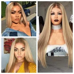 Natural Hairline Dark Roots Swiss Lace Front Wig Long Straight Ash Blonde Ombre Synthetic Wigs For Black Women Halloween Cosplay Party Wig