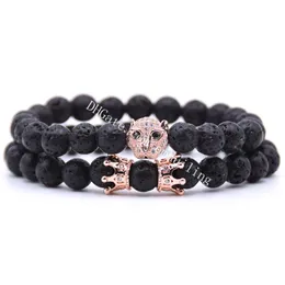 Couples/Relationship/Distance 8mm Natural Lava Stone Beaded Bracelets Pave CZ Leopard Head Crown Charm in Gold Silver Rose Gold Black Color