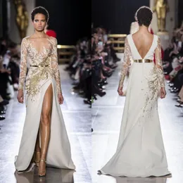 Dividir Elie Saab fenda sereia vestidos de noite contas de lantejoulas rendas apliques vestidos de baile varredura trem vestido de festa de manga longa