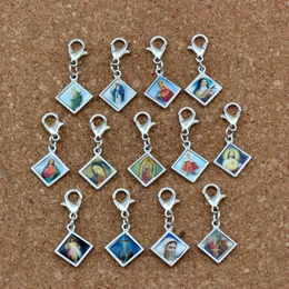 100 Stück/Lose gemischte Emaille-Quadrat-Jesus-Christus-Ikone, religiöse Charms-Perle mit Karabinerverschluss, passend für Charm-Armbänder, DIY-Schmuck, 13,2 x 30 mm, A-380b