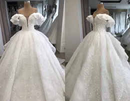 Luxury A Line Country Wedding Dresses Off The Shoulder Lace Sequins Pearls Sweep Train Arabic Vintage Wedding Dress Custom Made Bridal Gowns