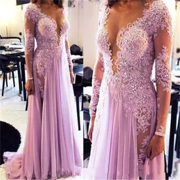2020 New Pink Arabic Long Sleeves Prom Dresses Jewel Neck Illusion Lace Appliques Crystal Split Chiffon Formal Evening Gowns Party Dress