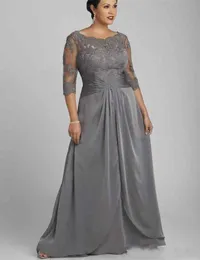 Plus Size Sier Gray Column Mother Off Bride Desses Lace Appliques Ruched Backless With Zipper Sweep Train Wedding Guest Evening Gowns