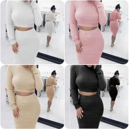 Höst Kvinnor Bandage Tracksuits Fashion Trend Långärmad Fleece Crop Top Pencil Midi Skirt Set Solid Bodycon Dress Sweater Kvinnliga kostymer